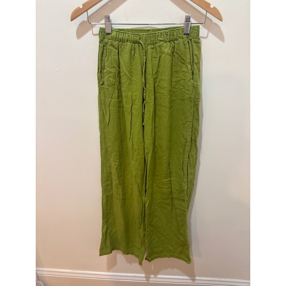 Subdued Lime Green Linen Blend Wide Leg Pants Elastic Waist XS Made in Italy